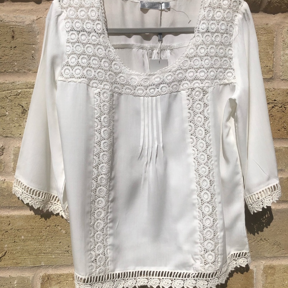 Solitaire New Anthro style Ivory Cream White 3/4 sleeve Crochet Lace Top size L